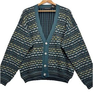 VTG Jhane Barnes Knit Design Coogi Cardigan Sweaters Men XL Green Brown  Grandpa